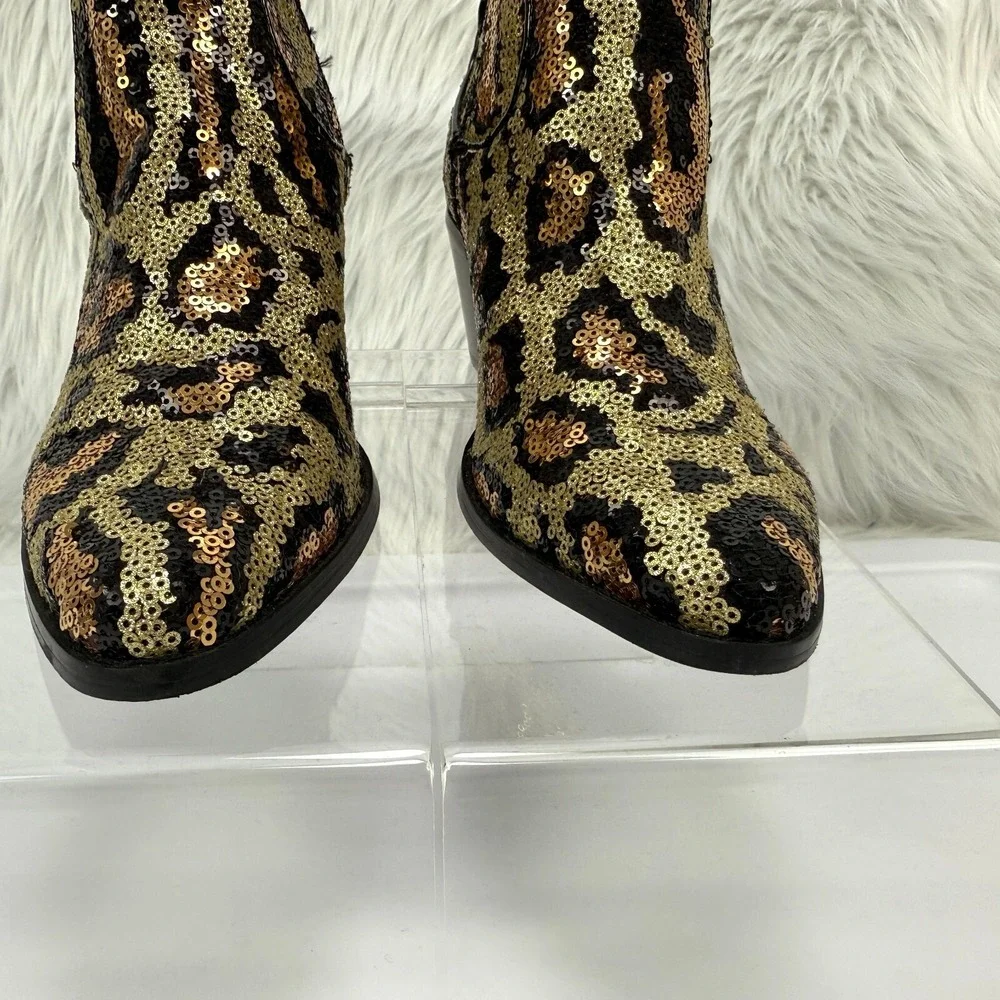 Betsey Johnson Cowboy Boots‎ Lucki Leopard Sequin Sz 6 Animal Print Cowgirl Glam